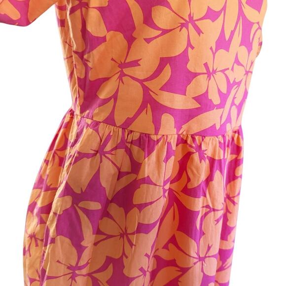 J Crew Dress Womens 4 Pink Orange Floral V Neck Puff Sleeve Tiered Midi Pockets - Picture 5 of 16